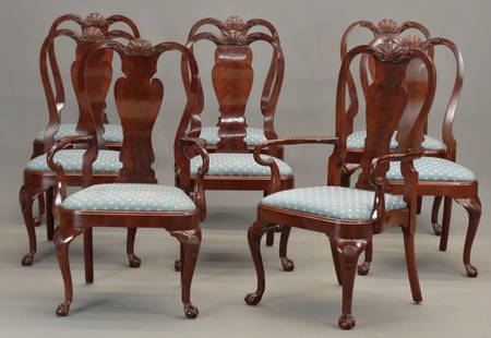 Set of (8) Queen Anne Style Chairs: Set of (8) high quality Queen Anne style custom mahogany chairs. 19" seat Ht., 42 1/2" overall Ht.. Labeled "Karges Furniture Company, Evansville IN.".