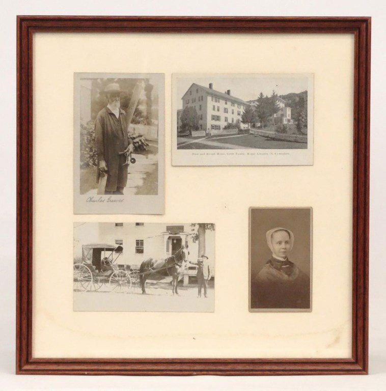 Shaker Photographs & Postcards: Lot of (4) framed Shaker photographs and postcards. Identified verso "Charles Graves", "1st and 2nd house North Family", "Henry Green/Alfred", "Lucy Walker/Harvard". Frame overall 13 3/4" x 13 3/4". P