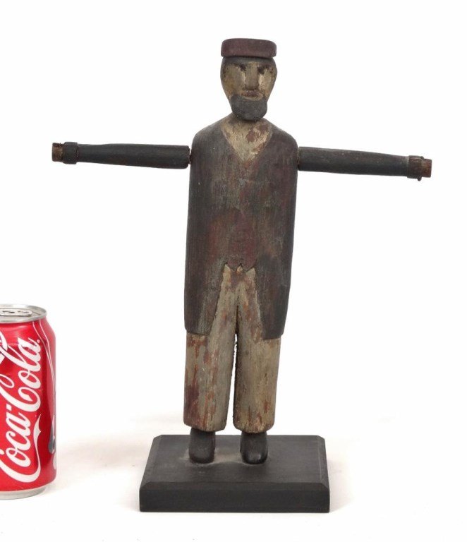 Whirligig: Wooden painted whirligig. Missing paddles. 10" x 12" Ht..