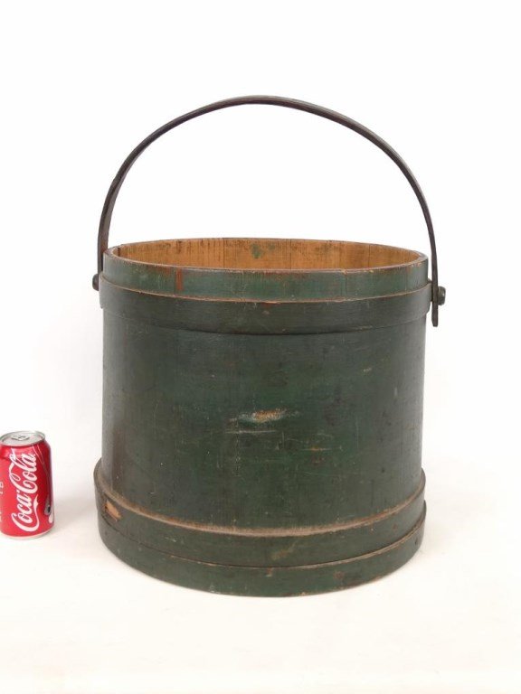 19th c. Shaker Firkin: 19th c. Shaker firkin in old green paint. 14" D., 13 1/2" Ht.. Provenance: Linda Cunningham Collection.