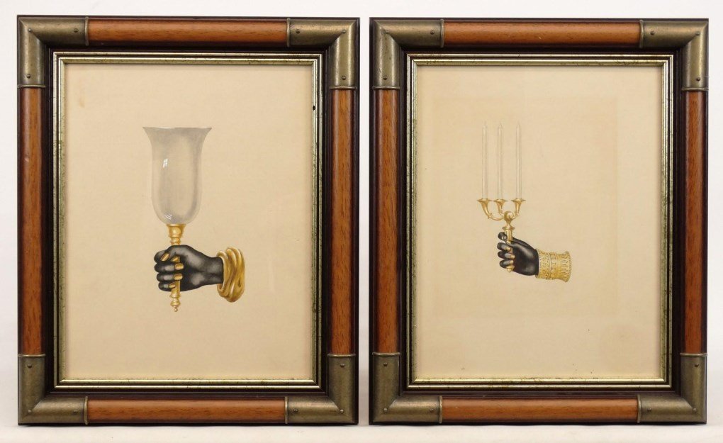 Blackamoor Hand Sconces, French Watercolors: Pair of Blackamoor hand sconces, French watercolors, lighting designs. French C. 1930's. Frames overall 17" x 14".