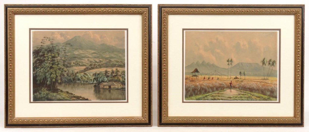 Soewardja (Indonesia b. 1900): Soewardja (Indonesia b. 1900), Indonesian landscape, watercolor (Sight 10" x 13 1/2"), along with a watercolor signed "Kandi" (sight 10" x 13 1/2"), both have sellers labels verso.