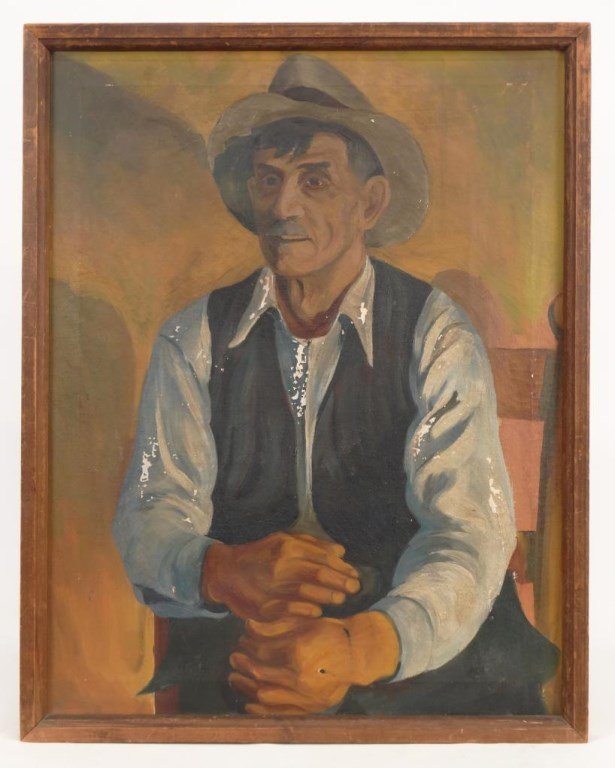 WPA Era Portrait: WPA era portrait of a farmer. Work 28" x 22". Some flaking.