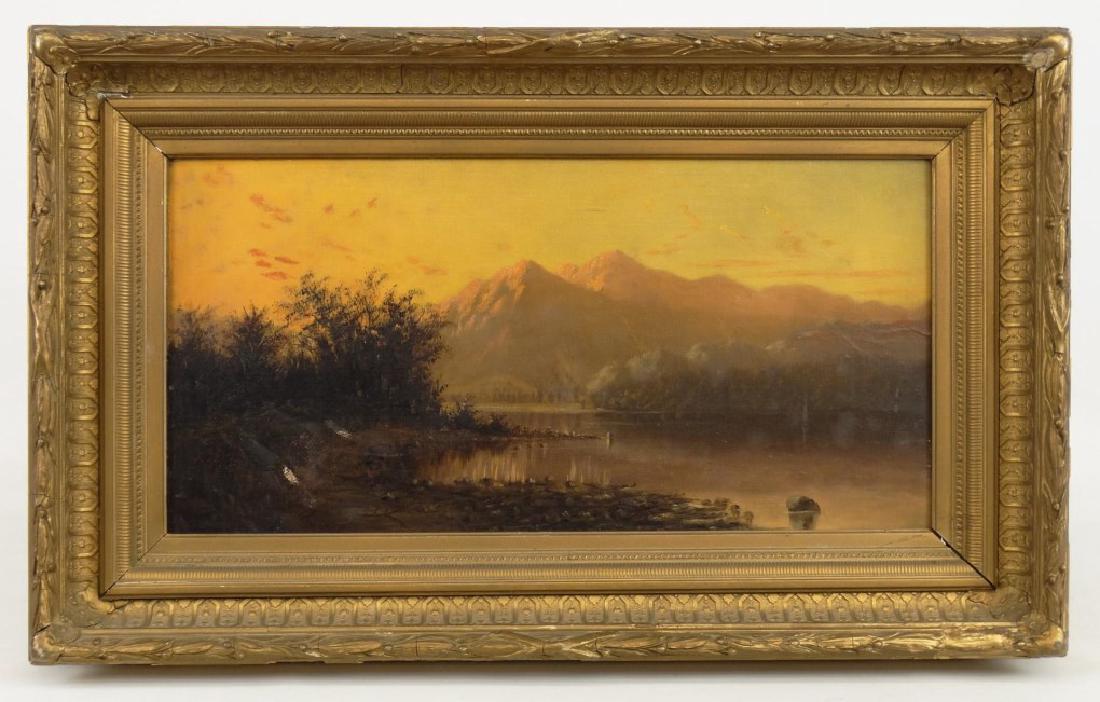 Hudson River School "Sailing On The Hudson": 19th c. Hudson River School "Sailing On The Hudson". Canvas laid down on cardboard. Signed in pencil reverse and marked on stretcher "Sailing On The Hudson". Unsigned. 10" x 20". Slight rub mark on ca