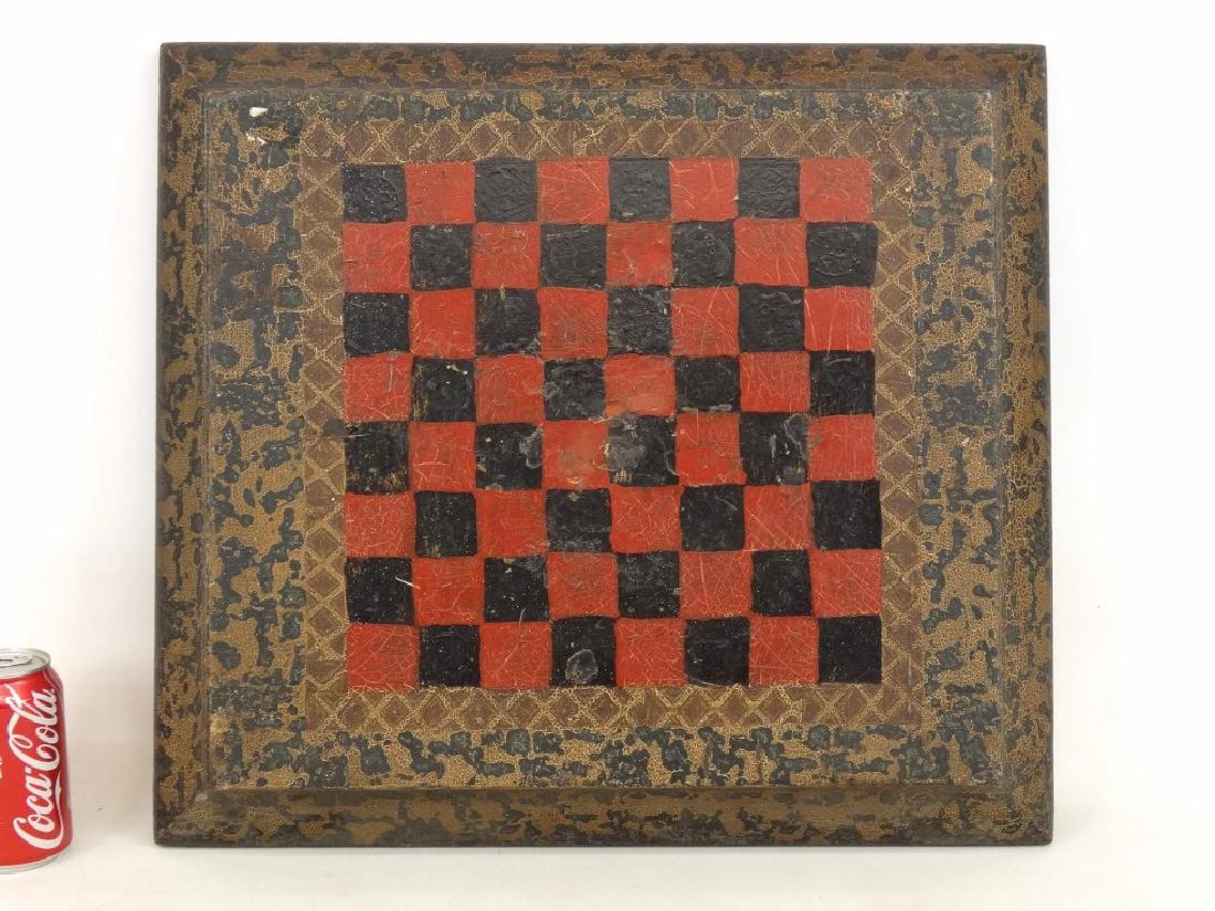 Game Board: Early wooden polychrome painted game board. 19 1/2" x 21 1/2". Marked underside "Columbia Grafanola". Made from record player top.