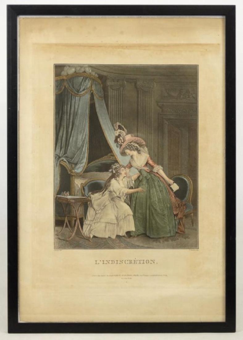 L' Indescretian (After) Nicholas Lavrince: L' Indescretion (after) Nicholas Lavrince. Paris c. 1788 or later strike. Hand-colored aquatint by Jean Francois de Janinet (1752-1914). Sight 23" x 16".