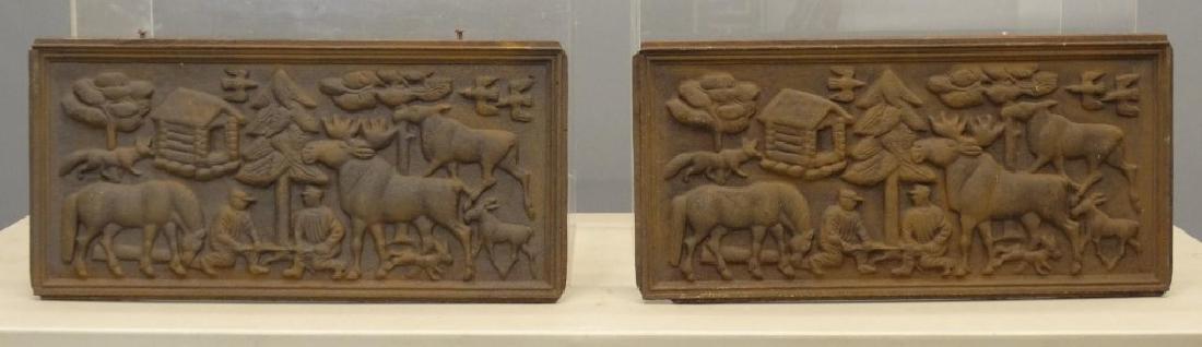 Pair Of Cast Iron Stove Plates: Pair of Adirondack scene cast iron stove plates. 13 1/2" x 27 1/2".