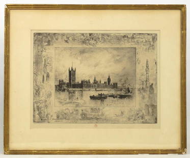 Felix-Hilaire Buhot (1847-1898): Felix-Hilaire Buhot (1847-1898), "Westminster Palace in Progress Park", etching. Sight 12 1/2" x 16 1/2". Knoedler Gallery New York City label verso.