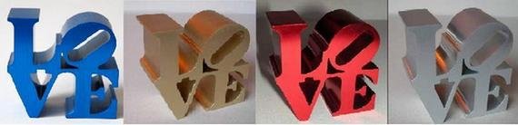 INDIANA Robert #79 Lot of 4 LOVE in blue-red-gold-s: INDIANA Robert #79 Lot of 4 LOVE in blue-red-gold-silver, circa 1983 7,8 x 7,8 x 3,8 cm for each piece lot of 4 sculptures in anodised aluminium , multiples