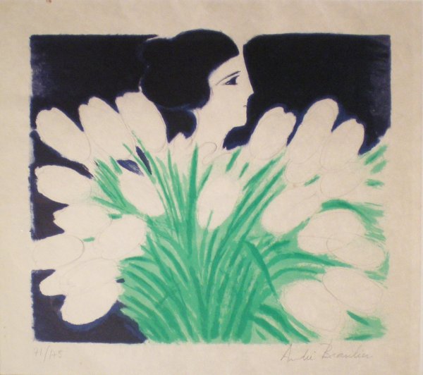 André BRASILIER "Femme au bouquet de fleur": André BRASILIER(born in 1929)Femme au bouquet de fleur Lithograph in colors signed and numbered 71/175 in pencil by the artist 39 x 47 cm