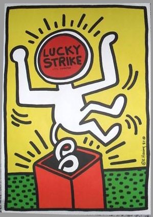 HARING KEITH (After) "Lucky Strike" Yellow: HARING KEITH(After) "Lucky Strike" Yellow Silkscreen in colors Design Keith Haring New York For Lucky Strike Switzerland Art Consult Peirre Keller, Printed by Albin Uldry Bern Size 60x43 cm