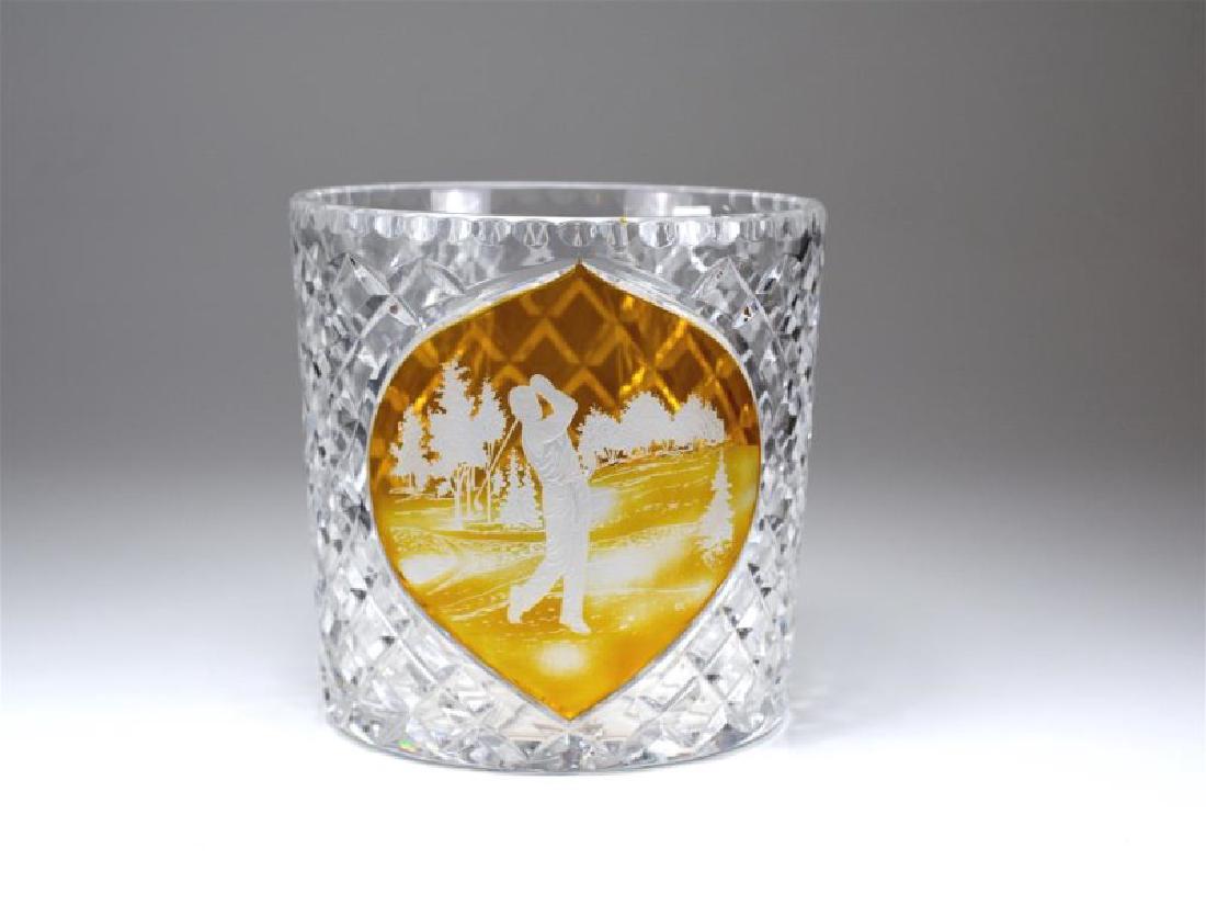 BOHEMIAN GLASS WINE COOLER: Diamond cut bucket with a central yellow flashed cartouche etched with a golfer. H 21 cm (8 1/4 in.)