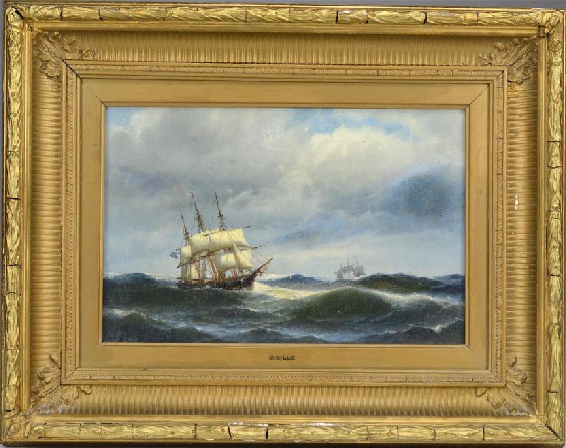 CARL LUDWIG BILLE (1815-1898): Seascape with Three Masted Schooner Oil on Canvas Signed and dated '87 lower left Original paper label on frame and Piccadilly London label on stretcher.