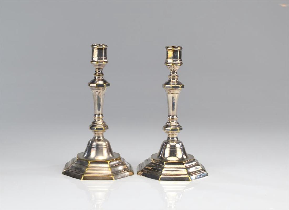 Pair of 18th C French silver plate candlesticks (1 of 4)