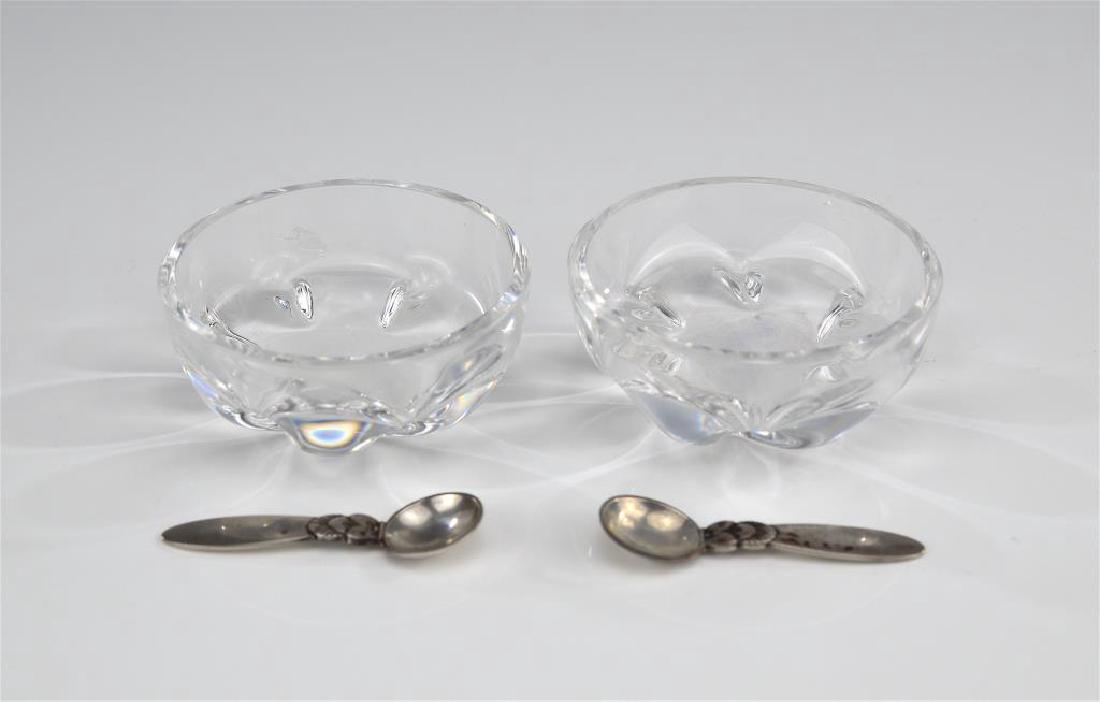 Pr of Orrefors glass salts w/ Jensen silver spoons: Dia 6.7 cm. (2 5/8 in.)