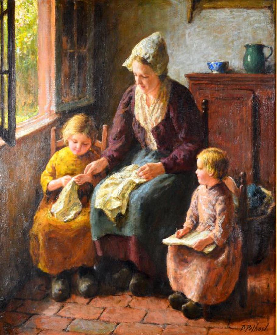 BERNARD POTHAST (Dutch, 1882-1966): The Sewing Lesson Oil on canvas Signed lower right Size: 24 x 20 in (61 x 51 cm)