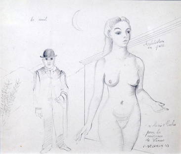 PAUL DELVAUX (Belgian, 1897-1994): Untitled (La Nuit) Graphite on paper Signed and dated '49 lower right Size: 7.4 x 8.6 in (19 x 22 cm)Inscribed "a Rene Micha pour la naissance de Venus" lower right Gallery stamp verso Galerie Georges