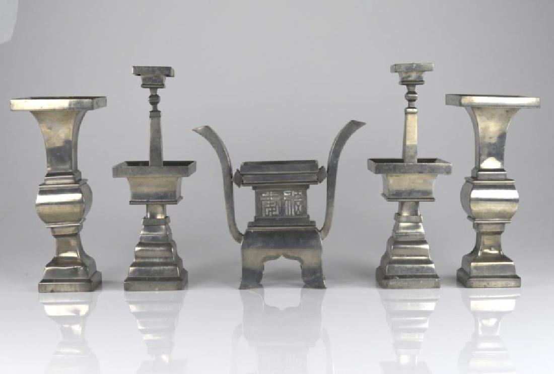 CHINESE PEWTER FIVE PIECE ALTAR GARNITURE SET (1 of 1)