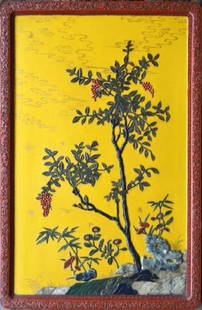 CHINESE CINNABAR LACQUER FRAME INLAYED WALL PLAQUE: Front panel with hard stone inlays on a yellow ground and painted details. The back with a lacquer surface and polychrome paint. Frame size: 99 x 65cm (39 x 25 1/2 in.)