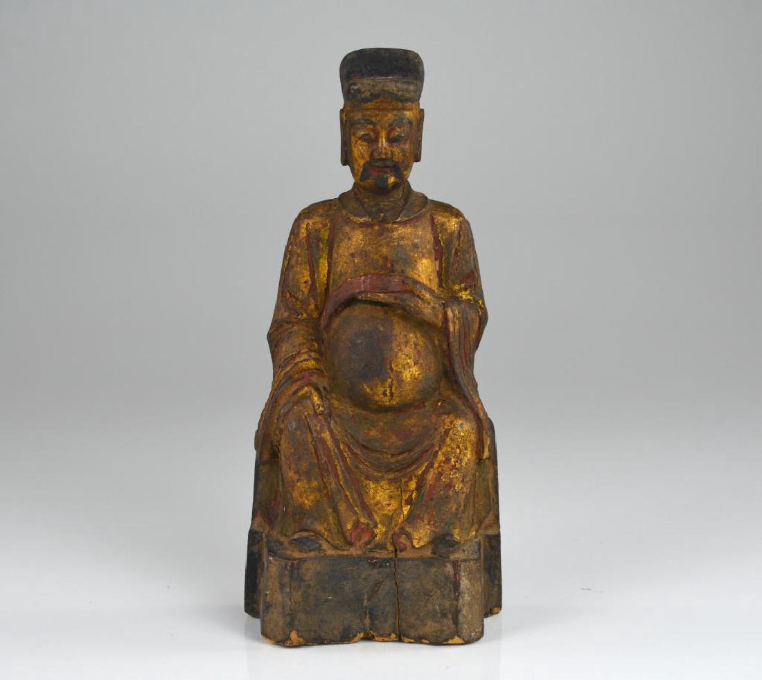 CHINESE POLYCHROME WOODEN SCHOLAR OFFICIAL FIGURE (1 of 8)