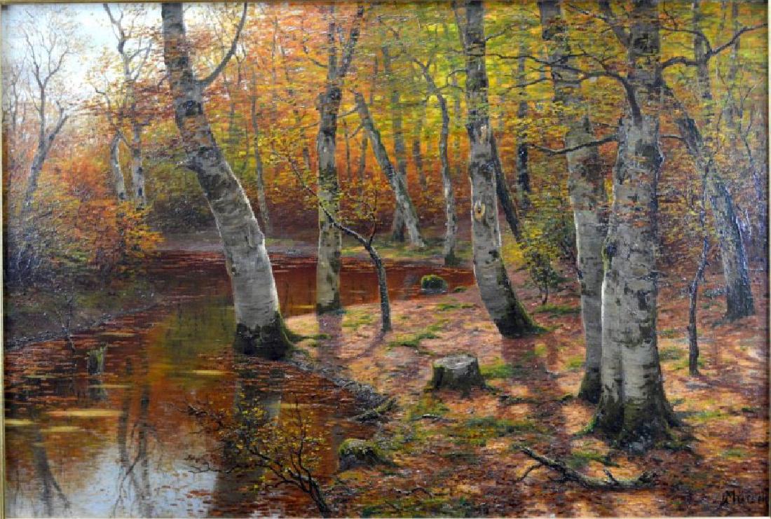 GERMAN SCHOOL (20TH C): Forest in AutumnOil on canvasSigned "Munck" (?) lower rightSize: 26.75 x 39.75 in (68 x 101 cm)