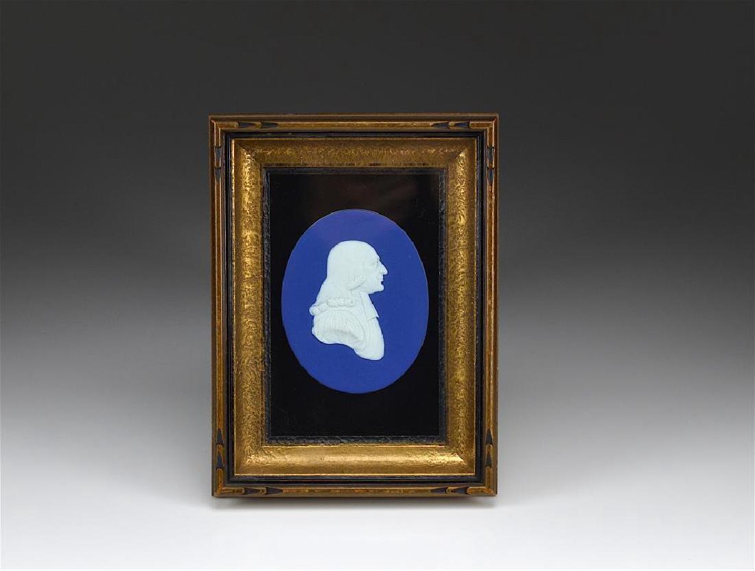Wedgwood blue jasperware framed portrait plaque: Of John Wesley. With a Tillsonburg, Ontario family history. Plaque suggested to be 18th C. H 10 cm (4 in.)