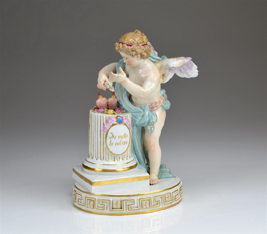 Meissen porcelain figure: Of a putti and column, entitled Je Mets le Calme. Crossed swords mark to base. 19th C. H 19.5 cm (7 3/4 in.)