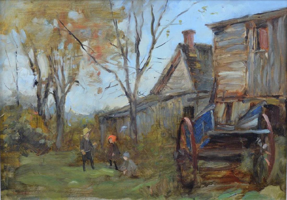 BERTHE DES CLAYES (Canadian, 1877-1968): Children in a Farmyard Oil on canvas Signed lower left Size: 12 x 17.25 x
