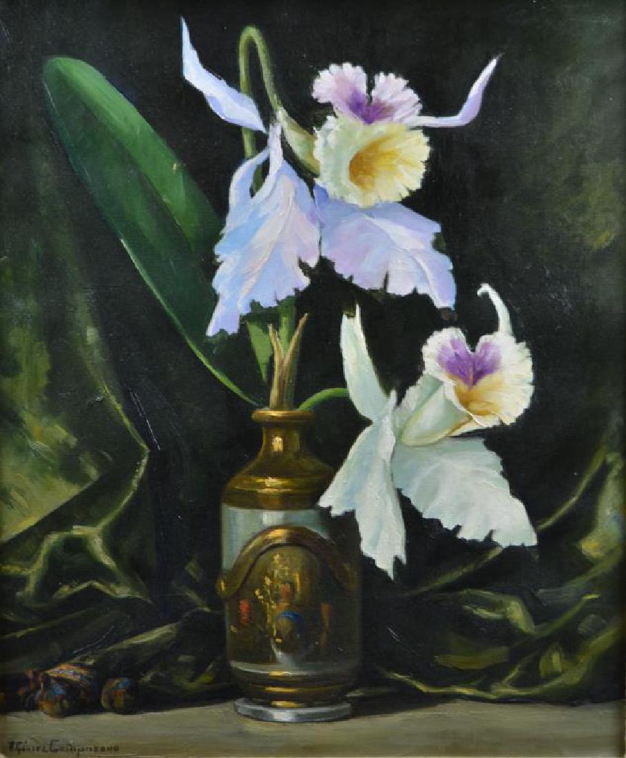 RICARDO GOMEZ CAMPUZANO (Colombian, 1893â€“1981): Columbian Orchids Oil on canvas Signed lower left Size: 24 x 20 in (61 x 51 cm)