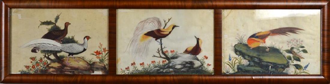 CHINESE EXPORT PITH TRIPTYCH PAINTING OF BIRDS (1 of 4)