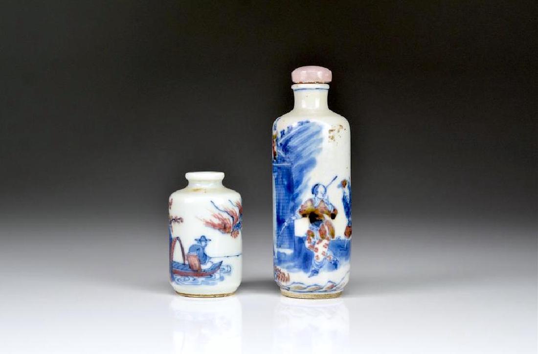 TWO RED, BLUE & WHITE PORCELAIN SNUFF BOTTLES (1 of 3)