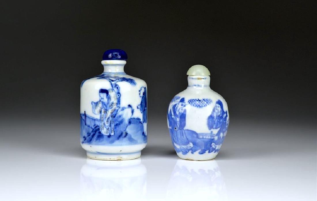 TWO CHINESE BLUE & WHITE PORCELAIN SNUFF BOTTLES (1 of 3)