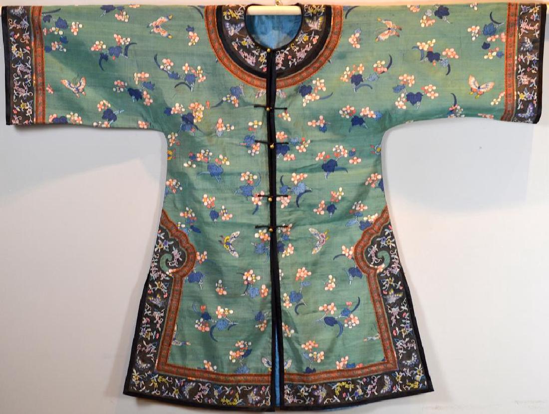 CHINESE SILK EMBROIDERED GREEN GROUND LADY'S ROBE (1 of 15)