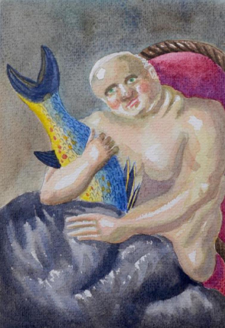 MIGUEL ANTONIO BONILLA (Salvadoran, 20th C): Man with Fishtail Watercolour Signed and dated 15-II-95 lower left Size: 9.75 x 7 in (25 x 18 cm) Together with: Nude on a Bear Watercolour Signed and dated lower left Size: 5.5 x 4.4 in (14 x 11 cm)