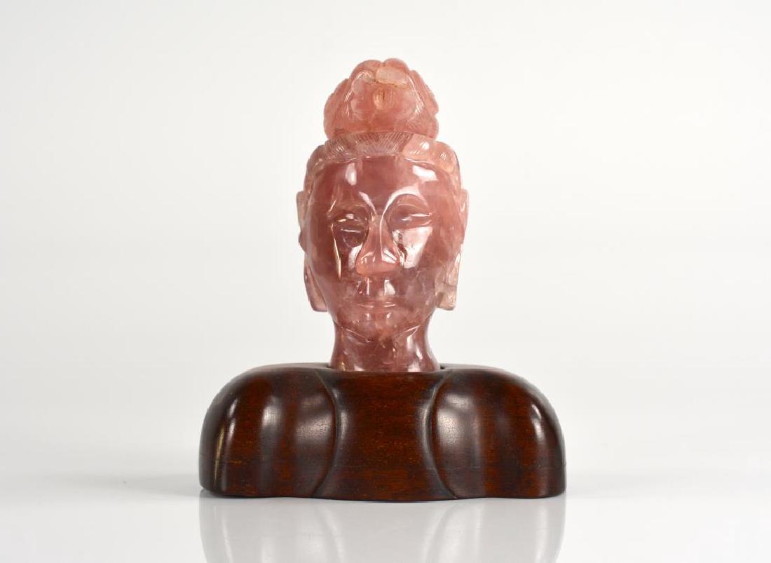 CARVED ROSE QUARTZ BUDDHA HEAD ON WOOD BASE (1 of 4)