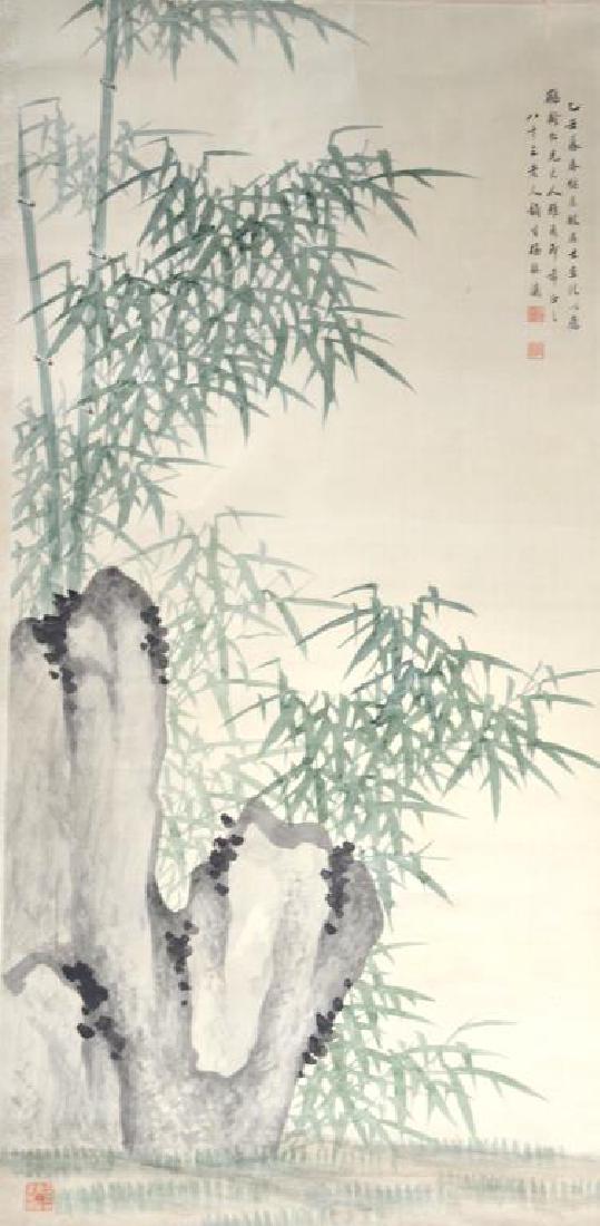 MEI ZHENYING BAMBOO AND ROCK PAINTING: Ink and colour on paper, mounted as scroll. Signed Mei Zhenying, cyclically dated 1925, dedicated to He Ling. With 3 red seals. Visible painting size: 135 x 65cm (53 x 25 1/2 in.)