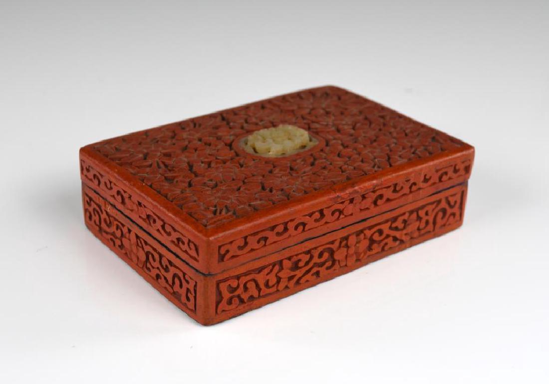 CHINESE CARVED CINNABAR LACQUER BOX WITH JADE (1 of 4)
