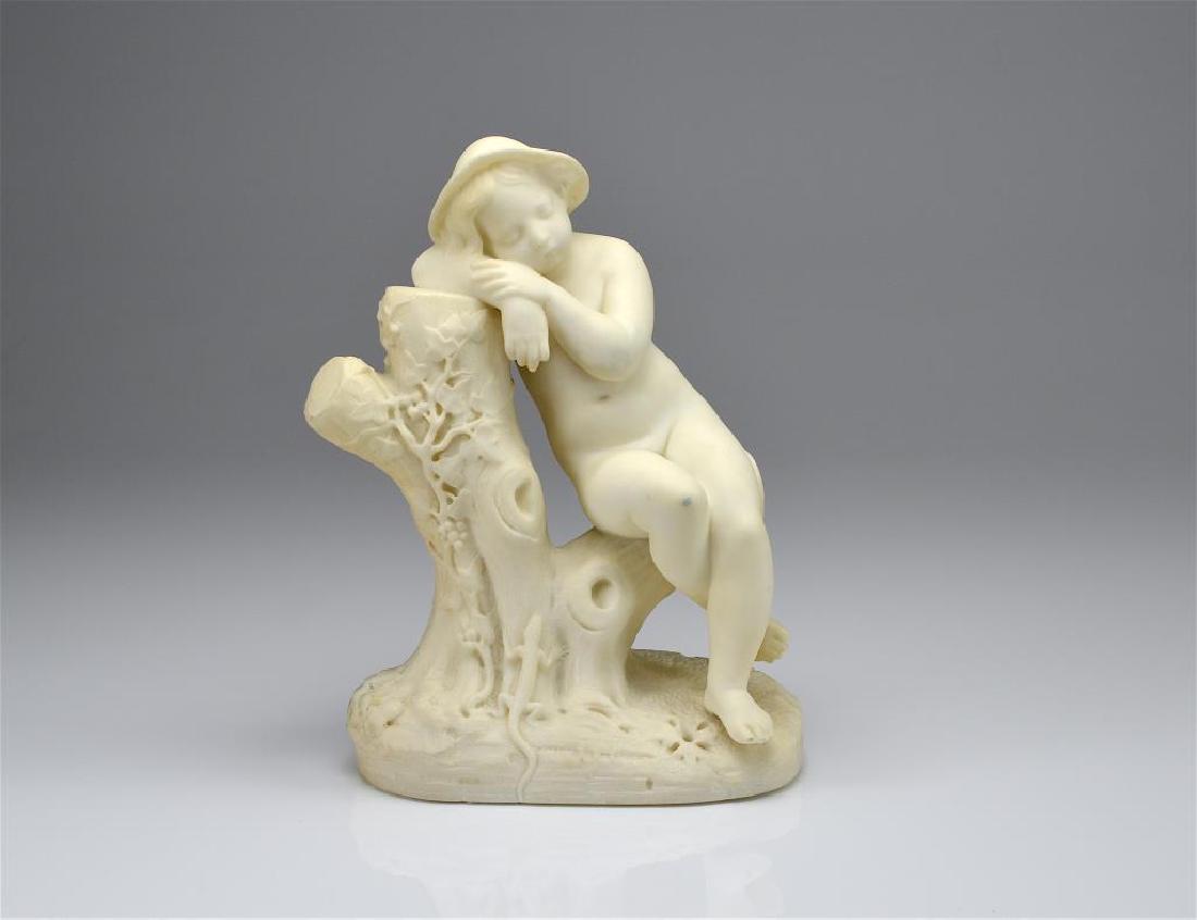 Alabaster figural sculpture of a young boy: Young boy sitting on a tree stump. H. 33 cm (13 in.)