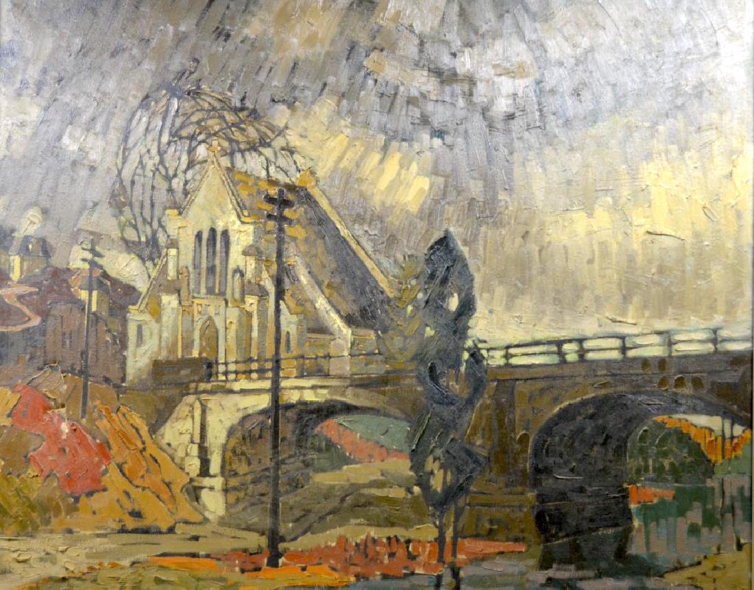 KENNETH SEAGER (Canadian, b. 1927): Landscape with Church and Stone Bridge Oil on canvas Signed lower right 40 x 50 in.