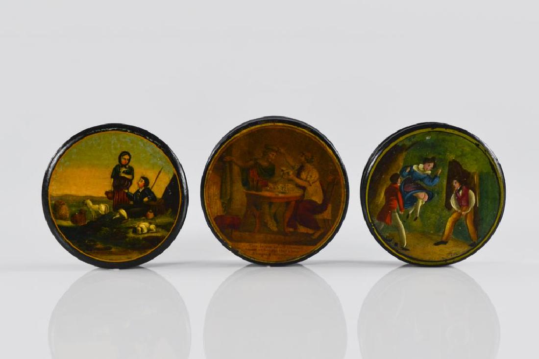 Three antique mache & lacquer circular snuff boxes (1 of 1)