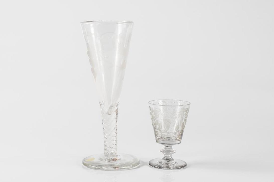 Georgian Jacobite ale glass w/ a wine glass: Tall Jacobite drinking glass with a spiral stem, engraved Fiat (May it come to pass) and decorated with the white rose of Stuart, two rose buds, a star and an oak leaf. Together with a monogrammed win