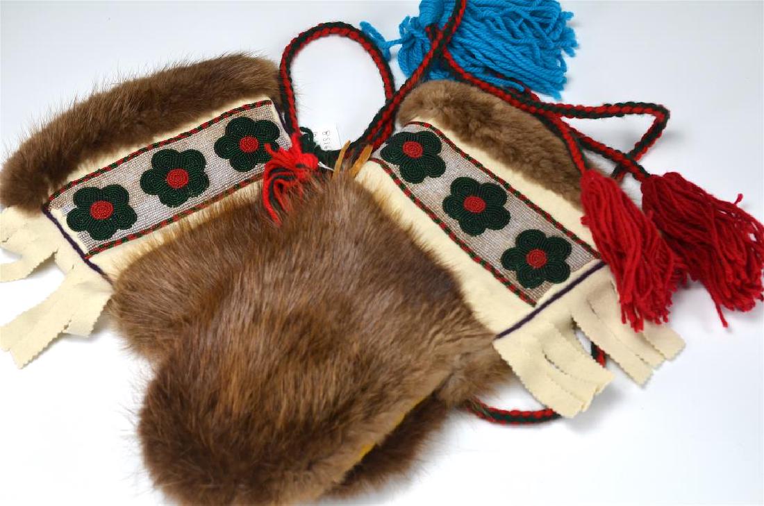 Pair of beaded & fur lined beaver mittens (1 of 2)