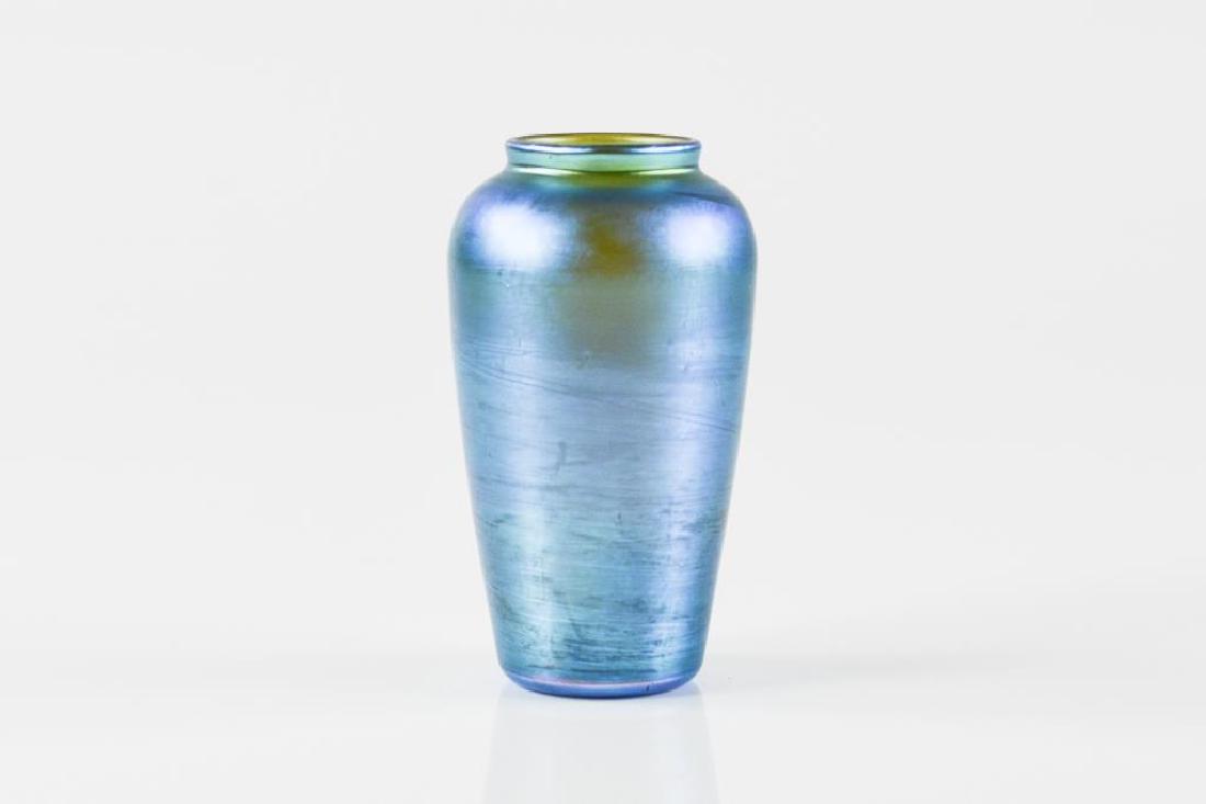 Quezal blue iridescent art glass bud vase (1 of 3)