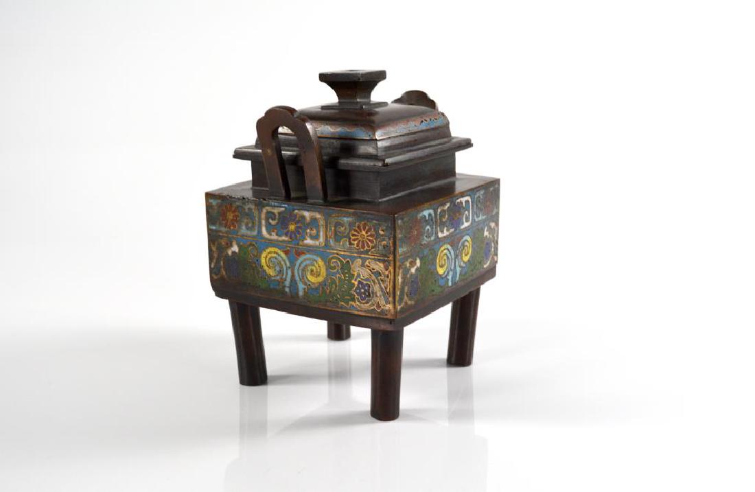 JAPANESE SQUARE FORM CHAMPLEVE BRONZE CENSER (1 of 5)