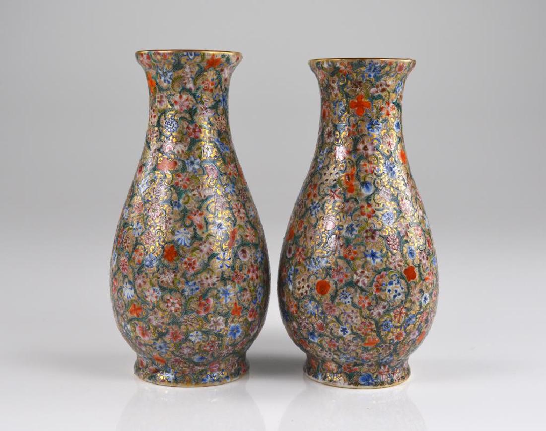 PAIR OF MILLE FLEUR FAMILLE ROSE PORCELAIN VASES (1 of 4)