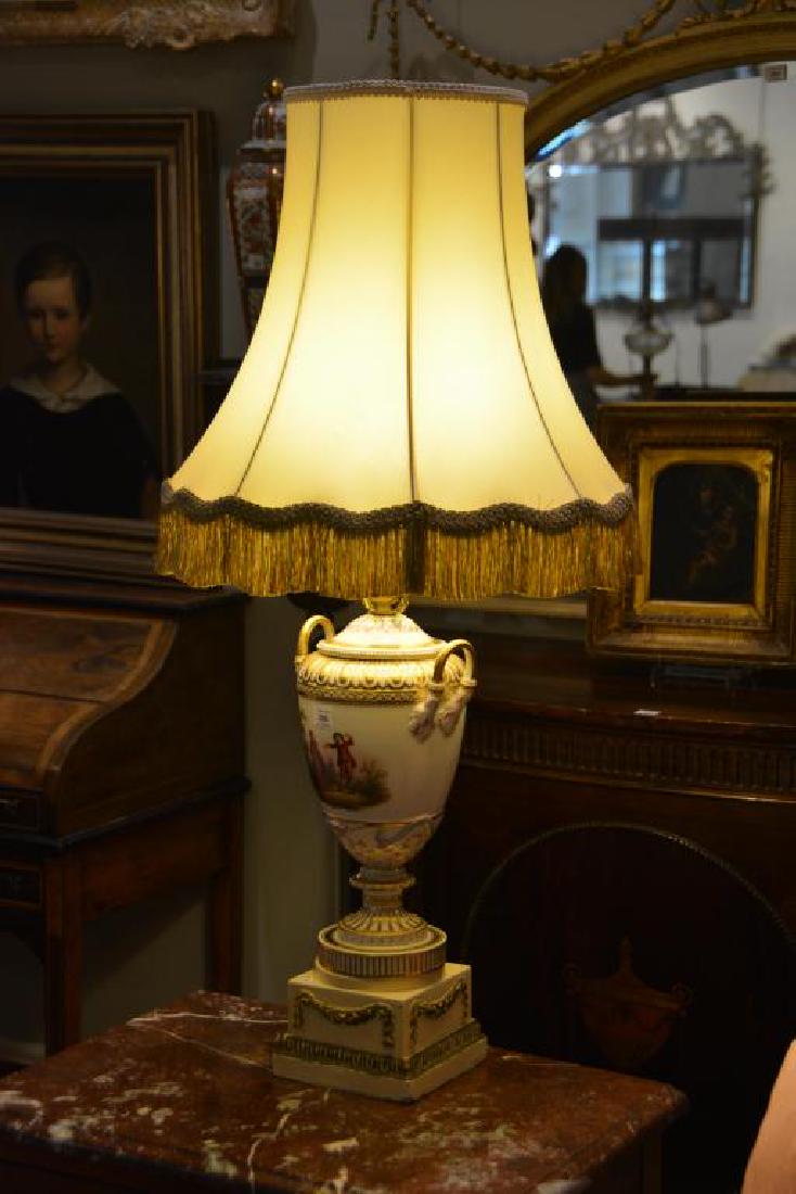 Hand painted porcelain urn mounted as table lamp: Possibly Meissen.
