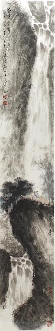 AFTER FU BAOSHI 傅抱石 (1904-1965): Hanging scroll, ink on paper. Inscribed and signed Fu Boshi, with 2 seals. Visible paper size: 138 x 23cm (54 1/4 x 9 in.)