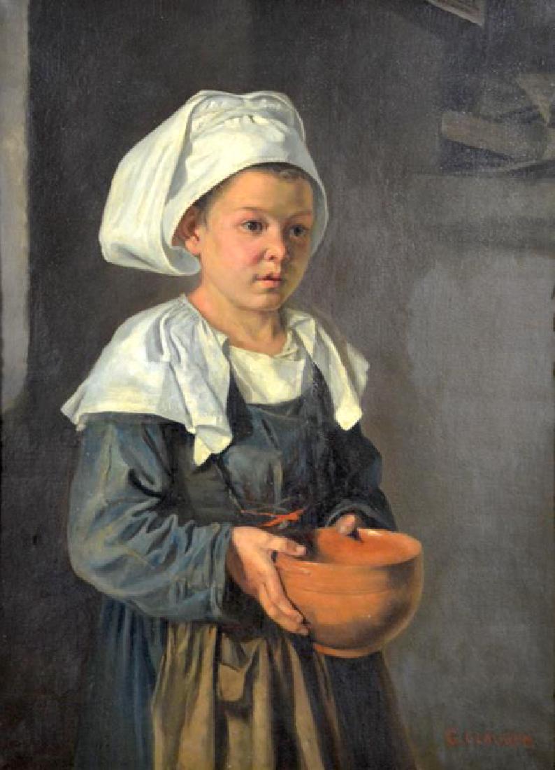 CIRCLE OF ROBERT WYLIE (American, 1839-1877): A Breton Girl Bears another signature 'George Clausen' lower right Oil on canvas Size: 31.5 x 23.75 in (80 x 60 cm)