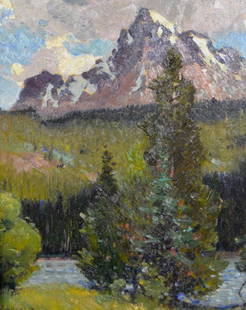 JOHN WILLIAM BEATTY OSA, RCA (1869-1941): Rocky Mountain Peak Oil on board Signed lower left Size: 10.5 x 8.5 in. (27 x 22 cm)Titled faintly in pencil verso