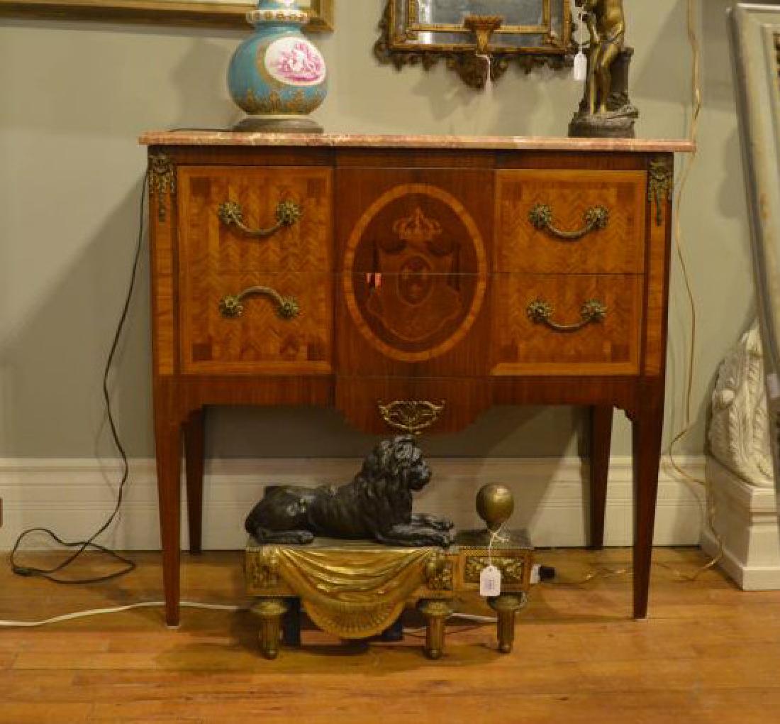 PAIR OF FRENCH MARBLE TOP COMMODES: Mixed inlay with two drawers and pink marble tops.35 x 17 x33 in Loss of veener noted to one.